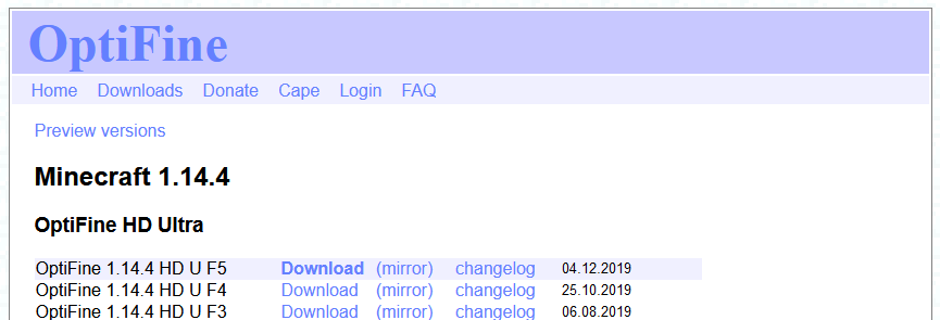 Az Optifine hivatalos oldala
